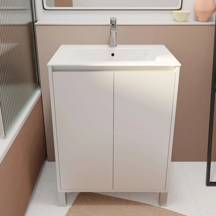 Meuble de salle de bains sur pieds avec 2 portes et vasque
