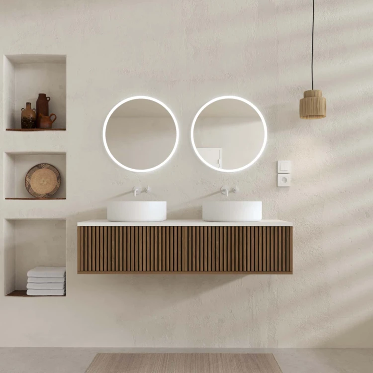 Mobile bagno sospeso con frontale dentellato, lavabo/i rotondo/i e specchio/i LED