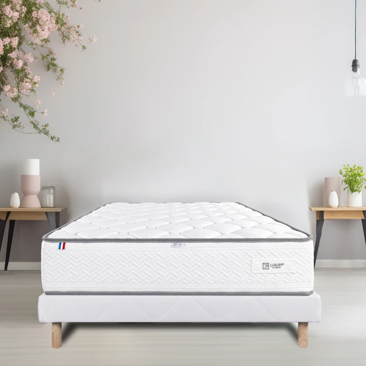 Conjunto de cama firme de 20 cm con colchón de espuma de alta densidad y somier tapizado blanco