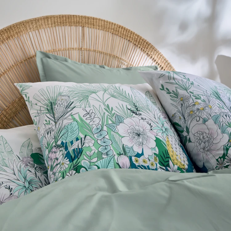 Parure de lit 3 pièces percale de coton feuillage exotique housse + taies