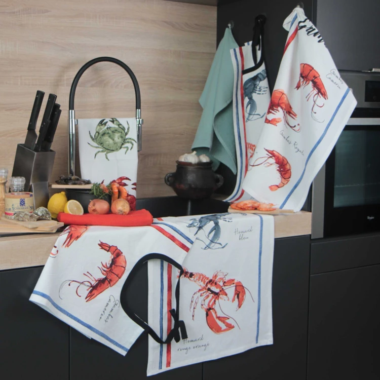 Lot de 3 torchons en coton lavé fruits de mer