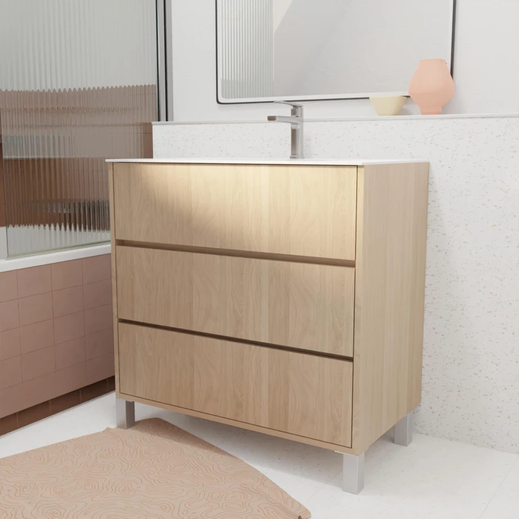 Mobile bagno con piedini, 3 cassetti e lavabo in ceramica