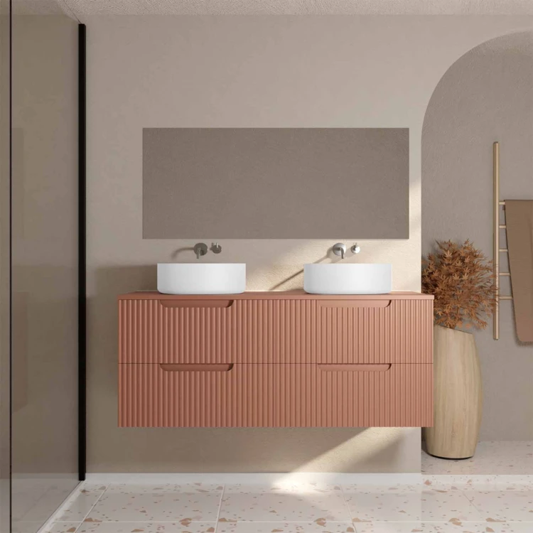 Mobile da bagno doppio lavabo rotondo con frontale ondulato e contenitori integrati