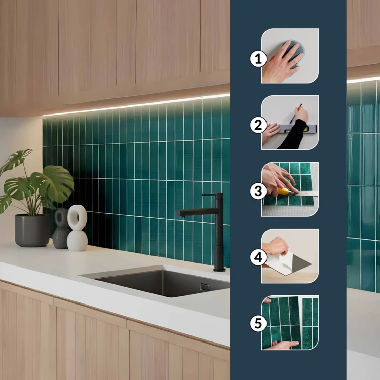 Set van 4 zelfklevende 3D-wandpanelen met tegeleffect
