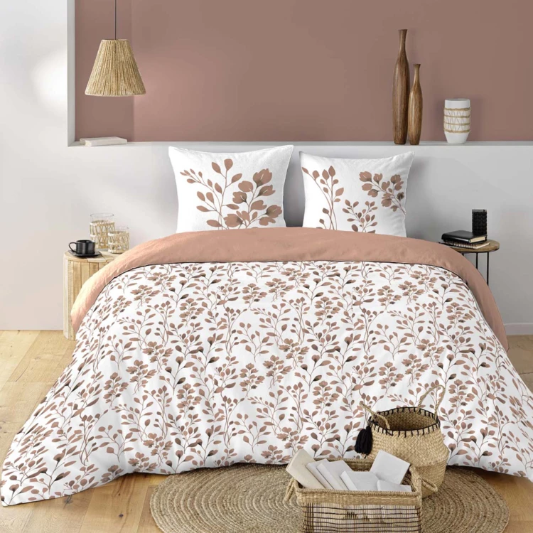 Parure de lit 3 pièces en coton à motif feuillage housse + taies