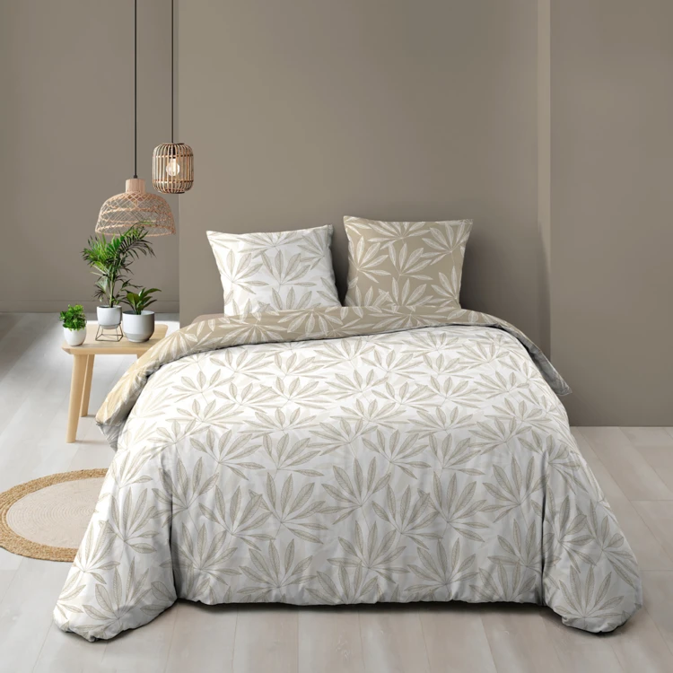 Conjunto de roupa de cama reversível em algodão com motivos de folhagem natural