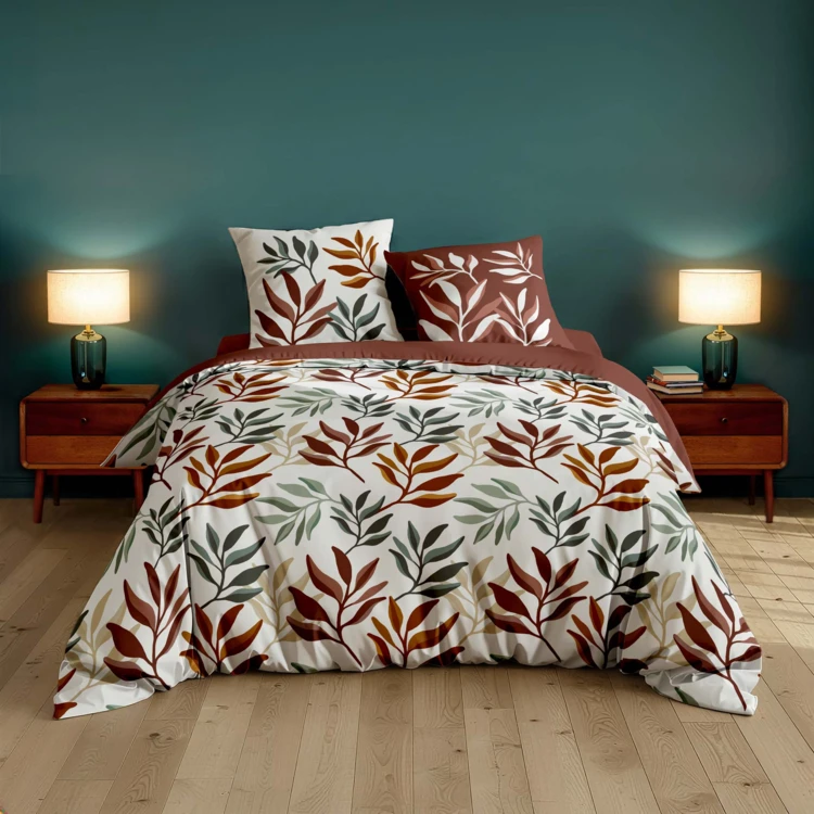 Conjunto de cama de 3 peças, 100 % algodão, com estampado vegetal: colcha + fronhas