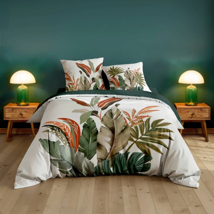 Conjunto de cama de 3 peças, 100 % algodão, com estampado tropical: capa de edredão + fronhas