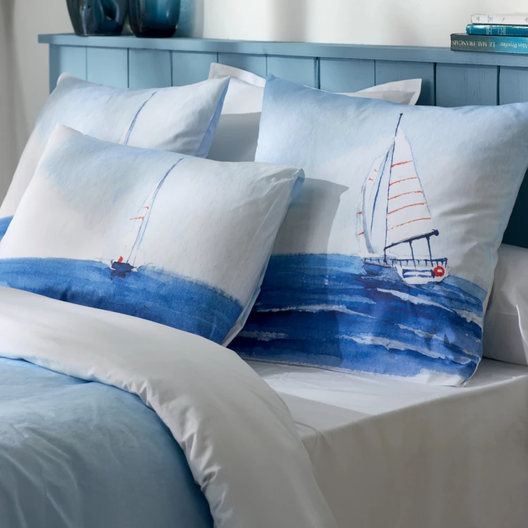 Parure de lit 3 pièces percale de coton voilier marin housse + taies