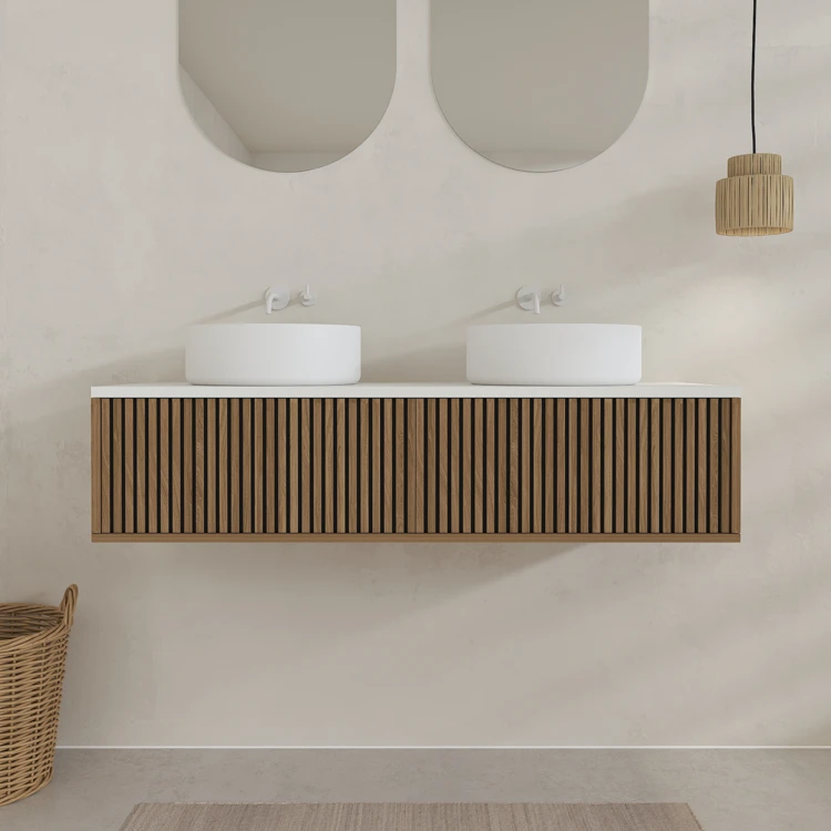 Mobile da bagno sospeso con frontale a intaglio, mobiletto e lavabo da appoggio
