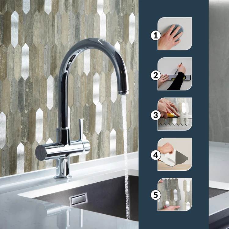 Lot de 4 crédences adhésives murales 3D effet bois et métal