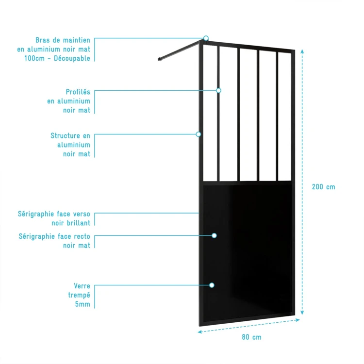 Paroi de douche verrière en verre trempé 5 mm avec structure aluminium