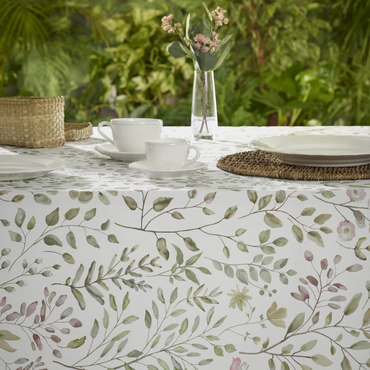 Mantel rectangular de algodón con revestimiento antimanchas y estampado vegetal
