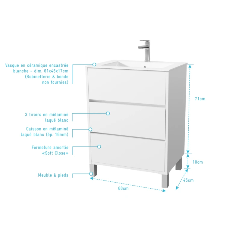 Mobile bagno con piedini, 3 cassetti e lavabo in ceramica