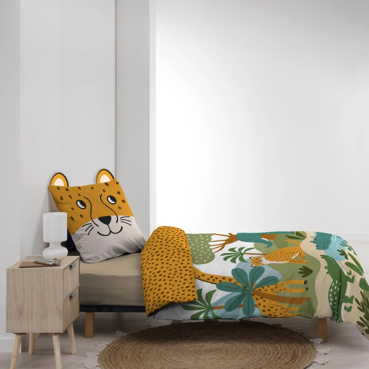 Parure de lit enfant 2 pièces 100 % coton imprimé animaux de la jungle housse + taie