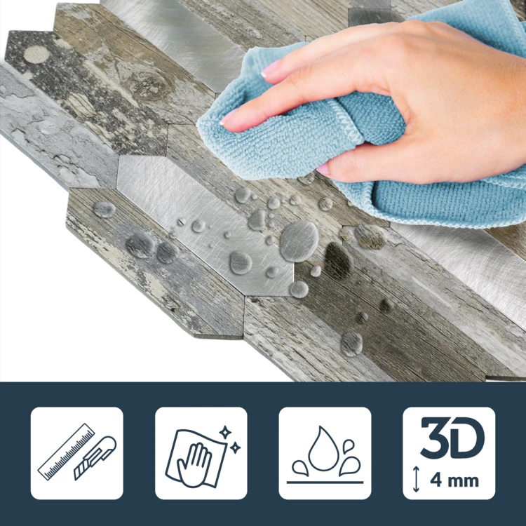 Lot de 4 crédences adhésives murales 3D effet bois et métal