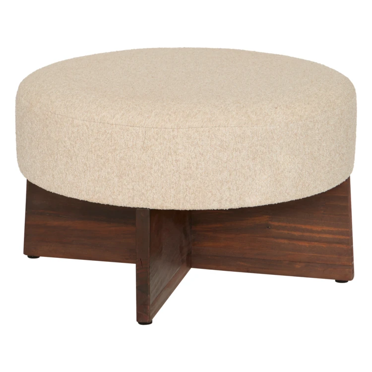 Puf redondo de tela bouclé con base de madera