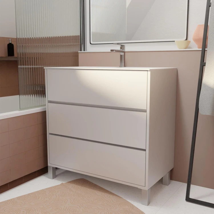 Mobile bagno con piedini, 3 cassetti e lavabo in ceramica