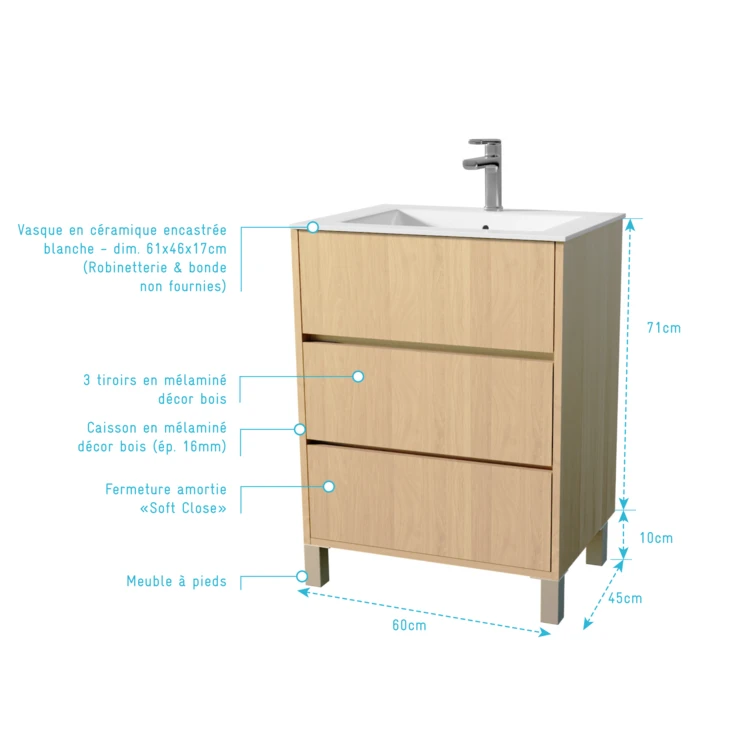 Mobile bagno con piedini, 3 cassetti e lavabo in ceramica