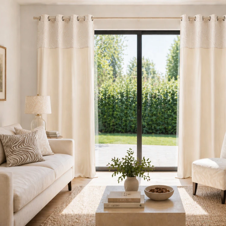 Cortina difusora de veludo com ilhós e faixa em jacquard com padrão de zebra