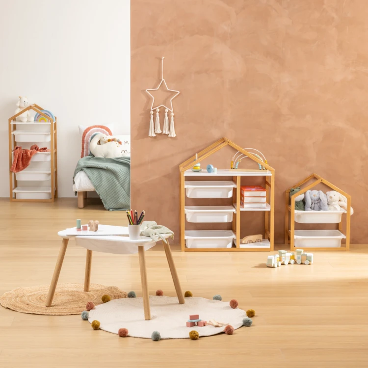 Kinder-Bücherregal in Hausform mit 3 Aufbewahrungsboxen