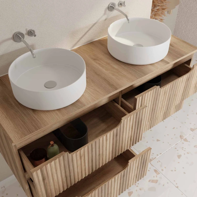 Mobile da bagno doppio lavabo rotondo con frontale ondulato e contenitori integrati