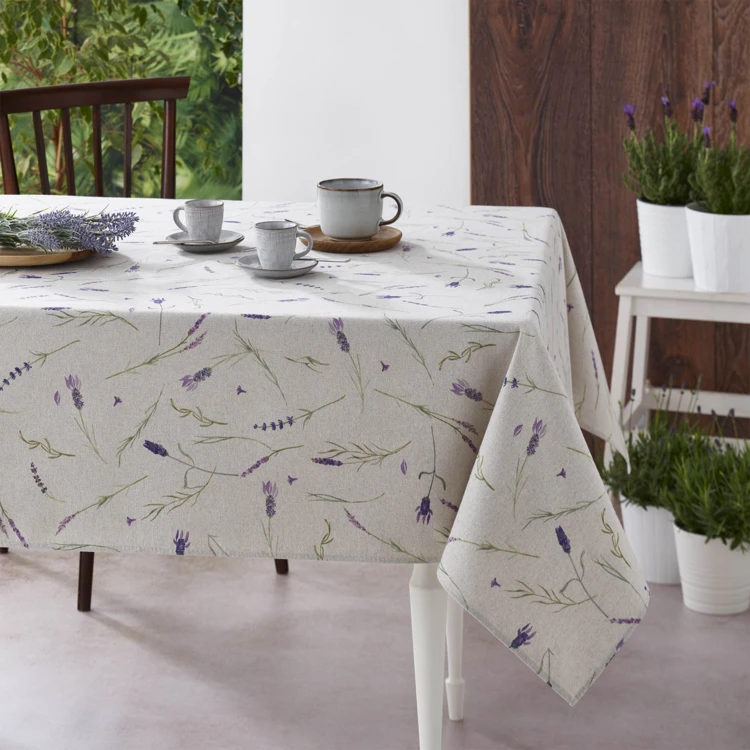 Mantel rectangular de algodón con revestimiento antimanchas y estampado de lavanda