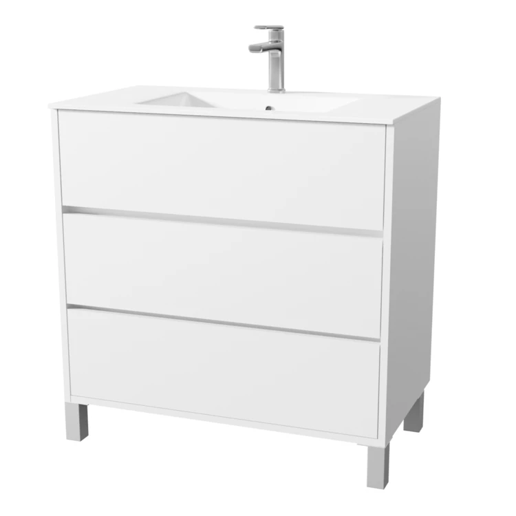 Mobile bagno con piedini, 3 cassetti e lavabo in ceramica