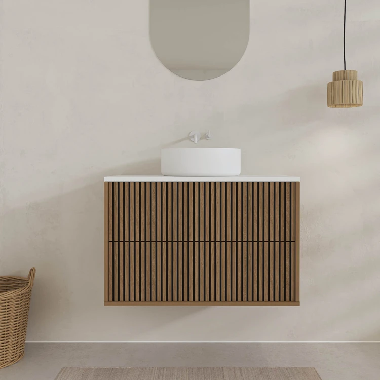 Mobile da bagno sospeso con frontale a intaglio, mobiletto e lavabo da appoggio
