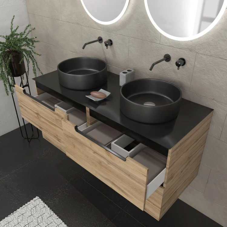 Mobile da bagno con 2 lavabi rotondi e 2 specchi rotondi a LED