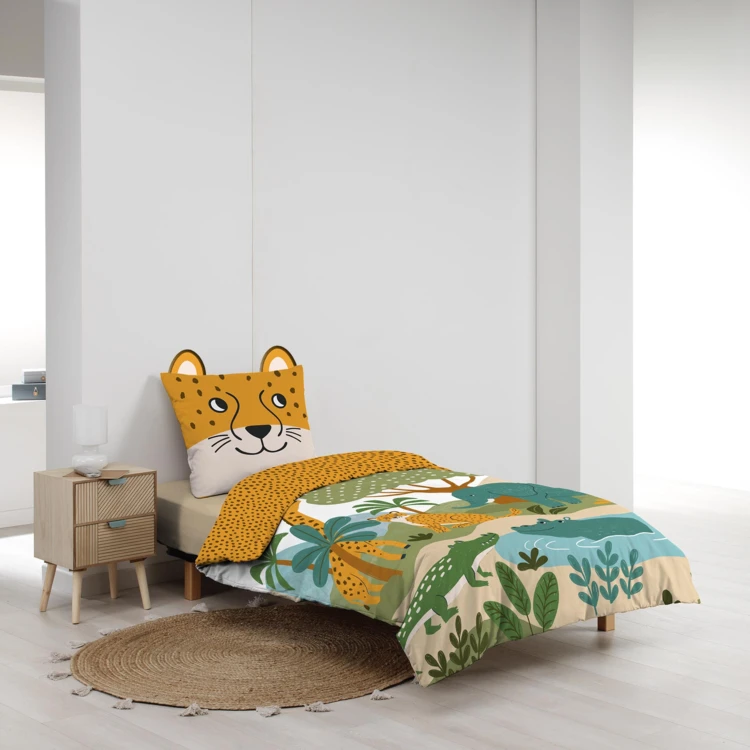 Parure de lit enfant 2 pièces 100 % coton imprimé animaux de la jungle housse + taie