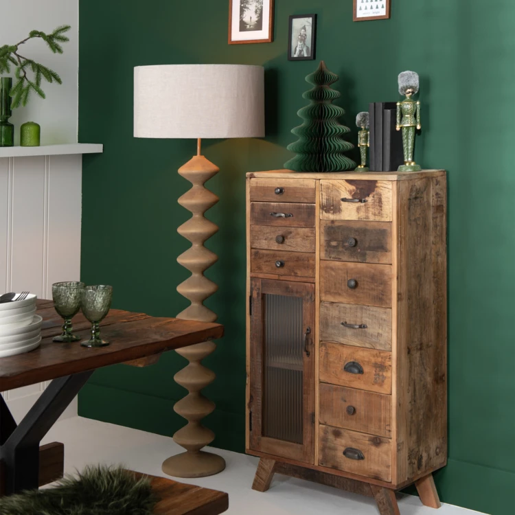 Stehlampe aus Pappelholz mit Stoffschirm