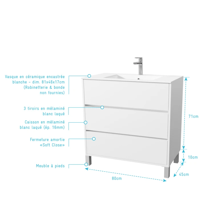 Mobile bagno con piedini, 3 cassetti e lavabo in ceramica