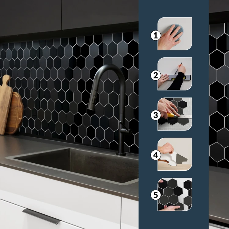 Lot de 4 crédences adhésives murales 3D effet carrelage hexagonal