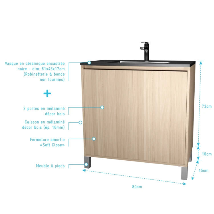 Meuble de salle de bains sur pieds avec 2 portes et vasque