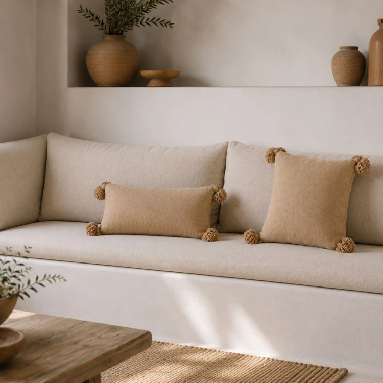 Housse de coussin en laine à pompons