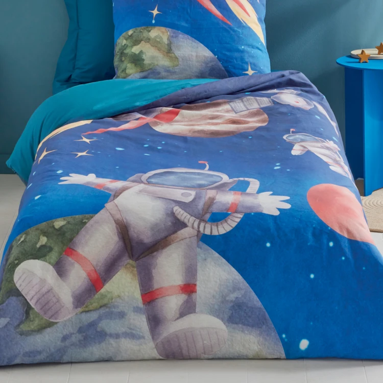 Funda nórdica infantil astronauta y cohete en percal de algodón