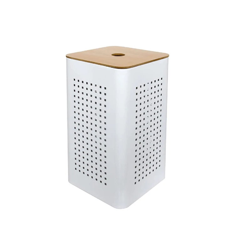 Cesto metálico blanco con tapa de madera