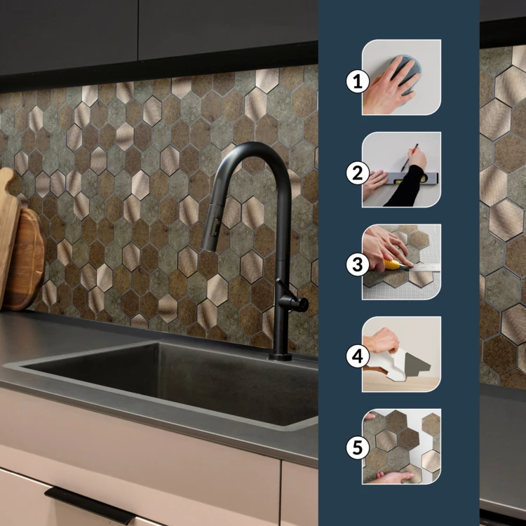 Lot de 4 crédences adhésives murales 3D effet carrelage hexagonal