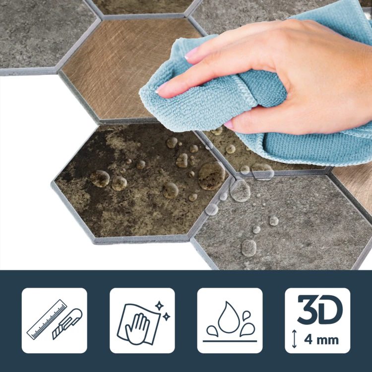 Lot de 4 crédences adhésives murales 3D effet carrelage hexagonal