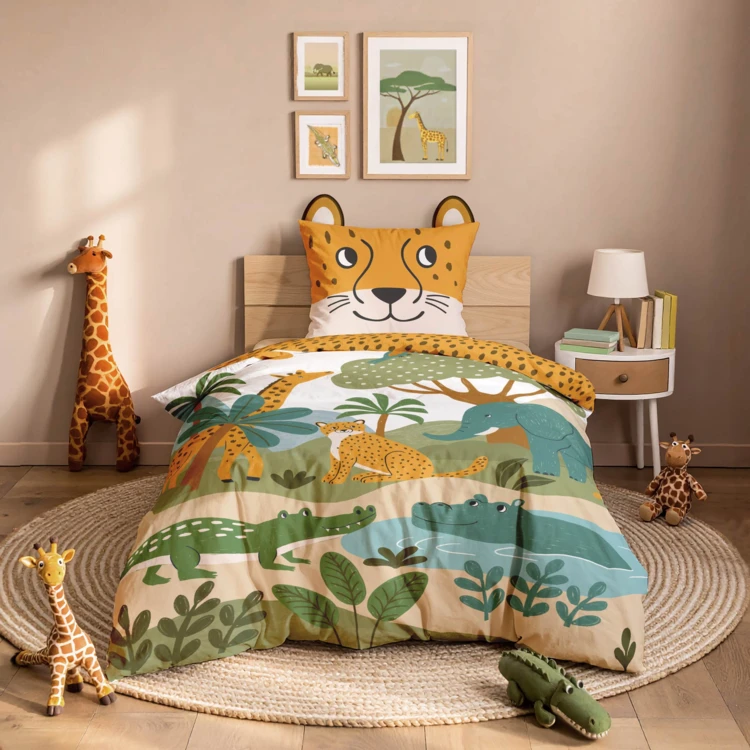 Parure de lit enfant 2 pièces 100 % coton imprimé animaux de la jungle housse + taie