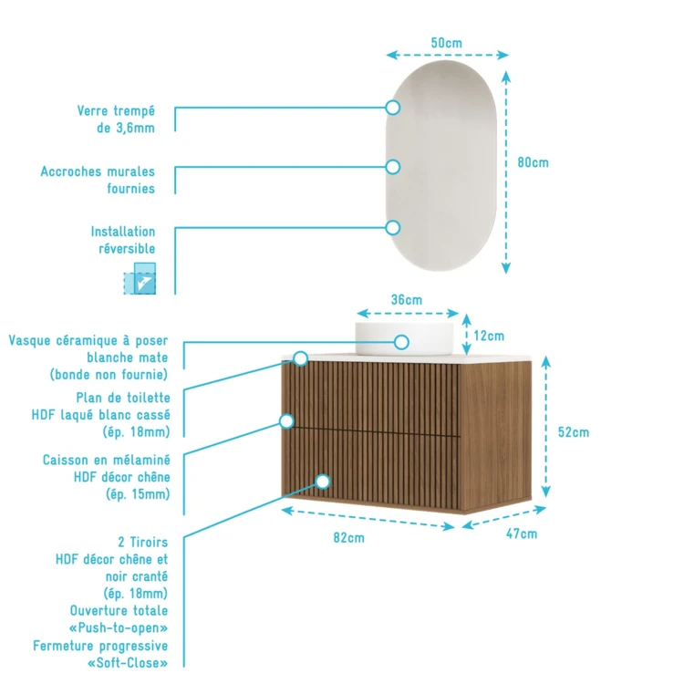Mobile bagno sospeso con frontale dentellato, lavabo/i rotondo/i e specchio/i ovale/i