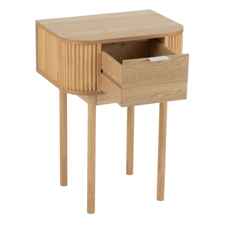 Mesita de noche redonda de madera natural con cajón