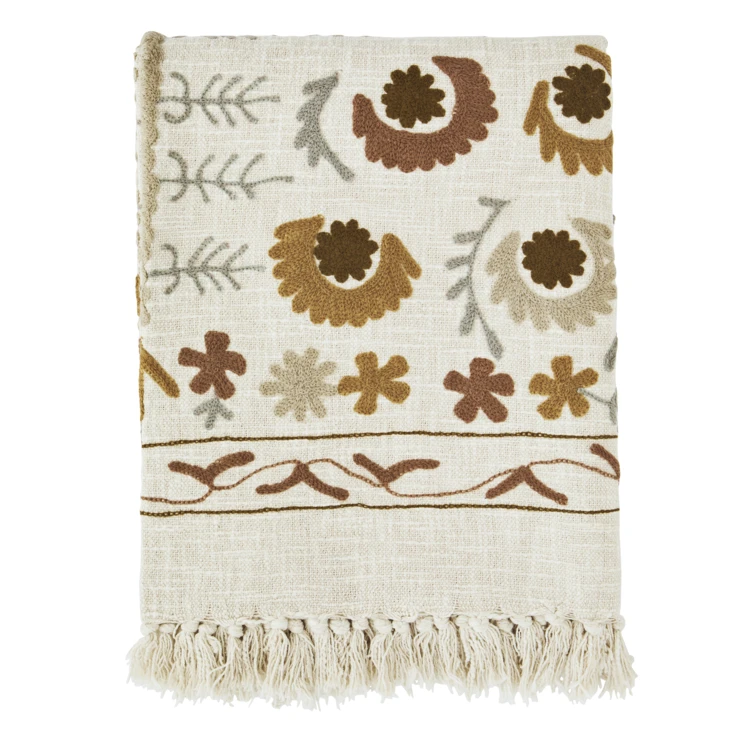 Bestickte Baumwoll-Decke mit Blumenmustern