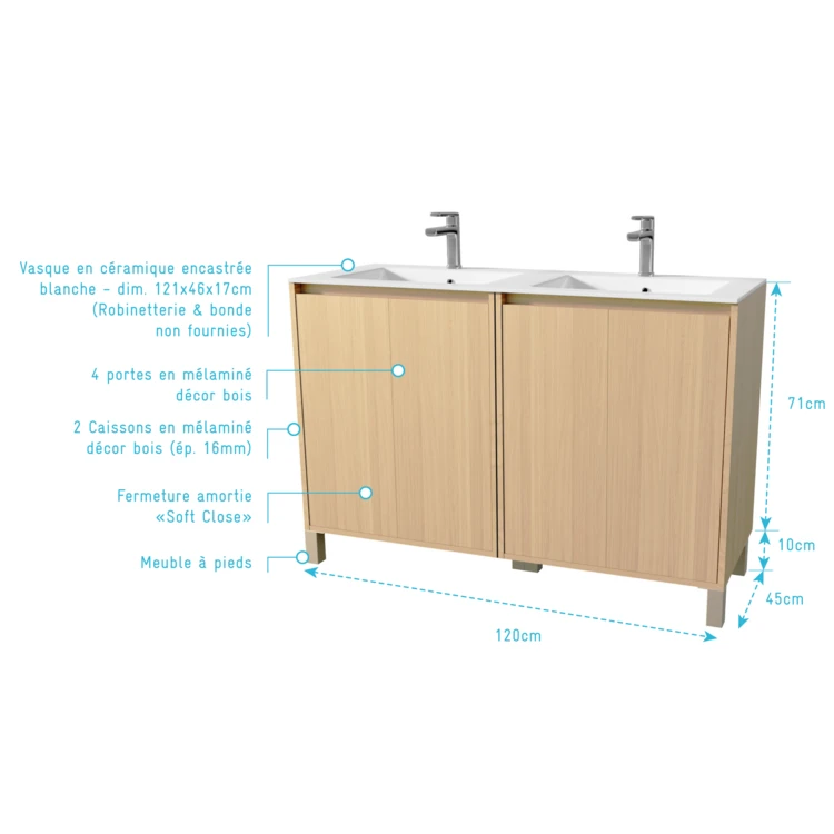 Meuble de salle de bains double vasque avec 4 portes