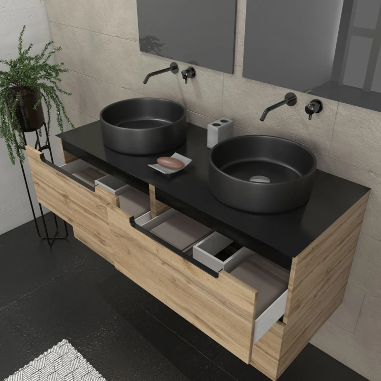 Set da bagno con 2 lavabi rotondi e 2 specchi rettangolari a LED