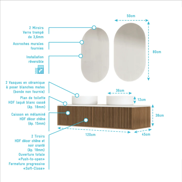 Mobile bagno sospeso con frontale dentellato, lavabo/i rotondo/i e specchio/i ovale/i