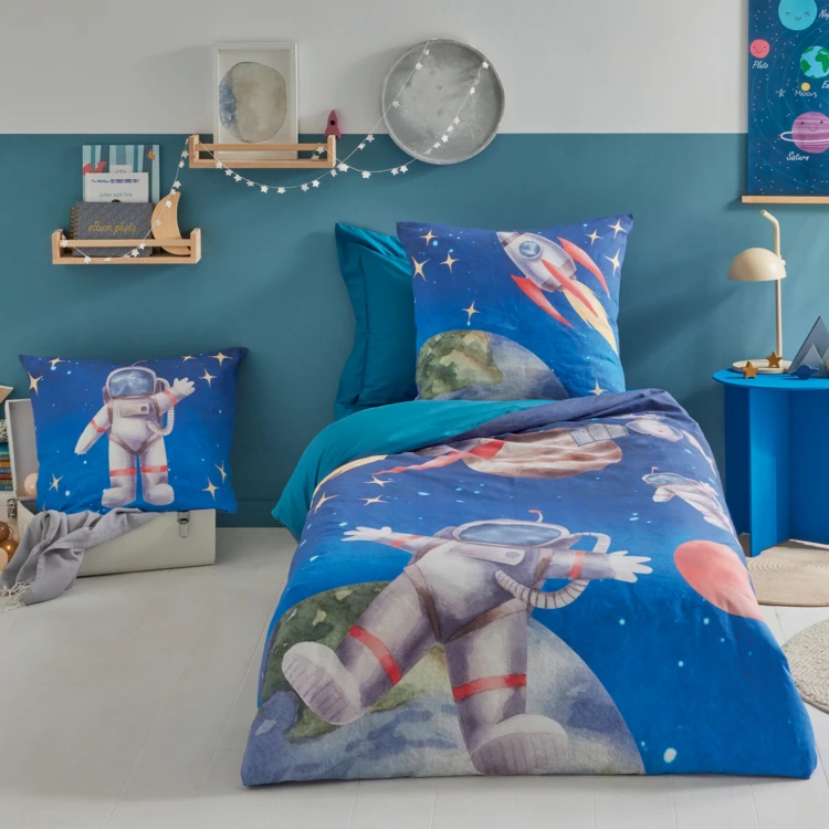 Funda nórdica infantil astronauta y cohete en percal de algodón