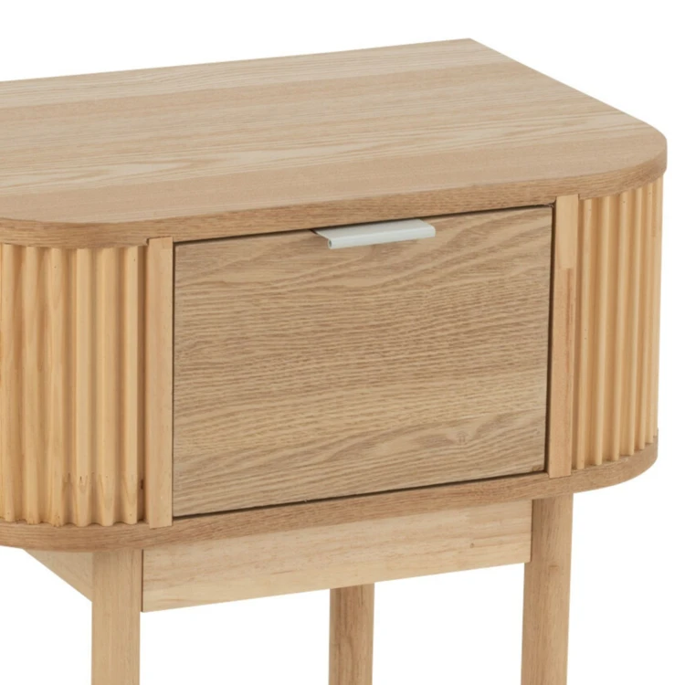Mesita de noche redonda de madera natural con cajón