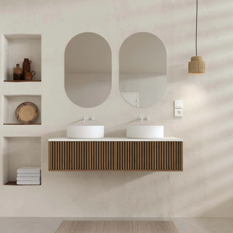 Mobile bagno sospeso con frontale dentellato, lavabo/i rotondo/i e specchio/i ovale/i